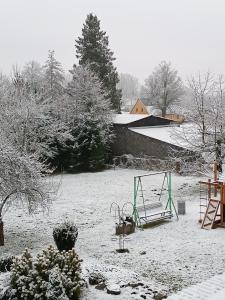 a park covered in snow with a swing at Ubytovani U babicky in Velké Losiny