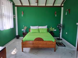 a green bedroom with a bed with a green wall at Fair view in Induruwa +5 photos