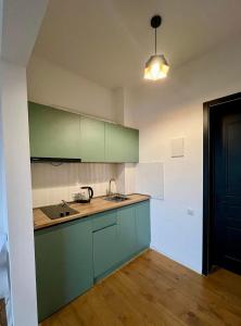 a kitchen with green cabinets and a counter top at Bazaleti Heaven in Bazalet'i