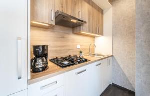 a kitchen with white cabinets and a stove top oven at Mobile home Clara in Drage +3 photos