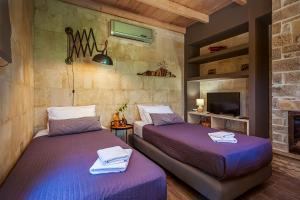 two beds in a room with a fireplace at Pezoulia in Selakano +76 photos