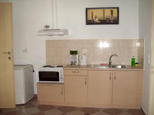 a small kitchen with a sink and a microwave at Oasis apartment 1 in Alykí