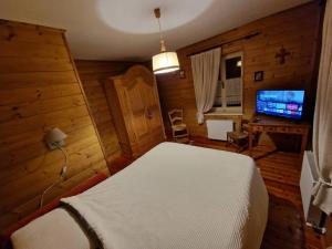 a bedroom with a bed and a desk with a television at Appartamento Lorena in Rocca Pietore