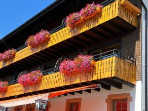 a yellow balcony with pink flowers on it at Boutique Hotel & Apartments Pension Sternen in Todtmoos +12 photos