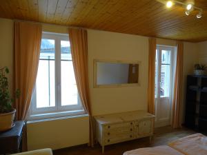 a living room with a television and two windows at Bio Bed & Breakfast Froschkönig in Gersau