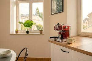 a kitchen with a coffee maker on a counter at Apartament na Granicy 6 in Cieszyn