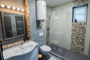 a bathroom with a sink and a toilet and a shower at Apartmán Tady 67 in Dolní Moravice +27 photos