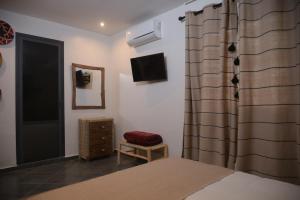 a bedroom with a bed with a curtain and a tv at La Perle Ourika Valley Guest House in Ourika +32 photos
