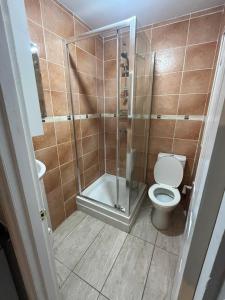 a bathroom with a shower and a toilet at Private Studio by Wembley in Preston
