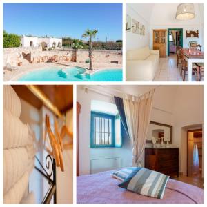 a collage of pictures of a bedroom and a villa at Masseria Rosa Trulli Relais in Alberobello