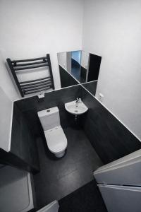 ein Badezimmer mit Toilette, Waschbecken und Spiegel in der Unterkunft Zzzimple in Pillig + 14 Fotos