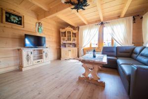 a living room with a couch and a tv and a table at Smrekowy Dworek in Kościelisko