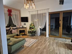 a living room with a christmas tree and a couch at Cozy Living in Dealu Negru