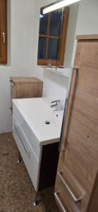 a bathroom with a white sink and a mirror at Ferienwohnung Baumgartner in Aigen im Ennstal