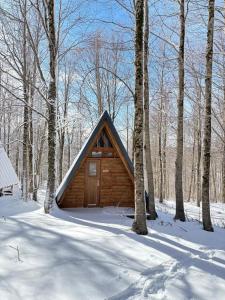 a wooden cabin in the woods in the snow at Orme nel parco - Villaggio Grechi in Tirivolo