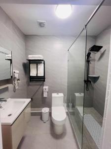 a bathroom with a toilet and a sink and a shower at Och Service Apartment in Ulaanbaatar