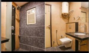 two pictures of a bathroom with a toilet and a sink at Hotel MNG The Platinum in Kānpur +18 photos