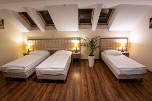 two beds in a room with wood floors at Zajazd Pod Borem in Pokój