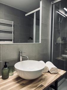 a bathroom with a large white bowl sink on a wooden counter at Levio Homes Sunny Alpine Apartments with Balconies in Haus im Ennstal +6 photos