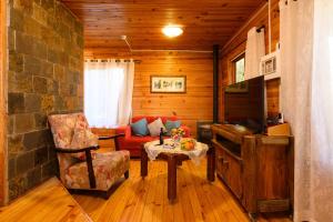 a living room with a red couch and a table at Rosh Pinat Noy in Rosh Pinna