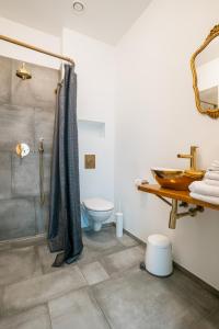 a bathroom with a shower and a toilet and a sink at River apartamentai in Druskininkai