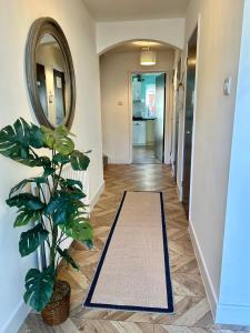 a hallway with a rug and a mirror and a plant at Bayfields house by the Sea, parking, garden, central location in Portsmouth