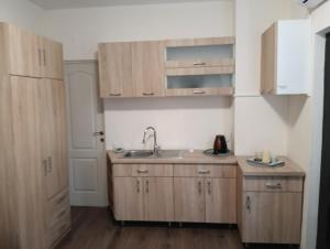 a kitchen with wooden cabinets and a sink at Central garsoniera ap 3 in Târgu-Mureş