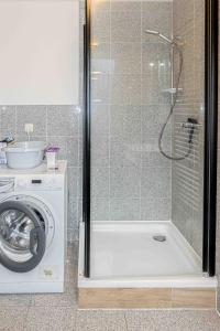 a shower with a washing machine in a bathroom at Ferienhaus Kranich in Pruchten