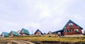 a group of houses with green roofs in a field at Markove kolibe 6, Uvac in Sjenica +6 photos