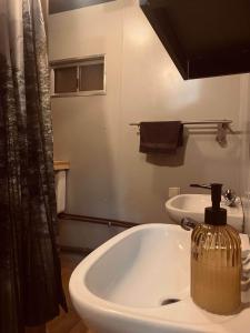 a bathroom with a tub and a sink with a mirror at Tiny House Jovana in Kröpelin