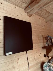 a flat screen tv hanging on a wall at Tiny House Jovana in Kröpelin