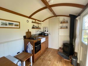 a kitchen with an arched ceiling and wooden floors at Dartmoor Shepherds Hut at The Shrubbery, River Walkham, Horrabridge, Yelverton in Tavistock