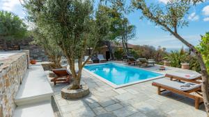 a swimming pool in a backyard with trees and chairs at Villa Art Natalie in Kithnos