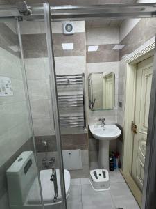 a small bathroom with a sink and a toilet at Caspian Residence in Sumqayıt +24 photos