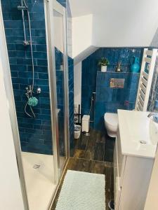 a blue tiled bathroom with a shower and a toilet at Confort à Loulé in Loulé