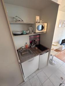 a small kitchen with a sink and a microwave at Cocon de Bonheur & Parking in Carquefou