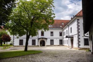 a large white building with a tree in the courtyard at Samostan Mekinje in Kamnik