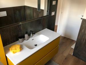 a bathroom with a white sink and a mirror at Dimora Concordia in Calavino +14 photos