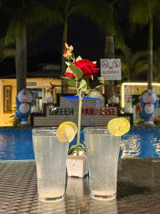 a flower in a vase in two glasses on a table at Green Paradise - Trimbakeshwar in Trimbak