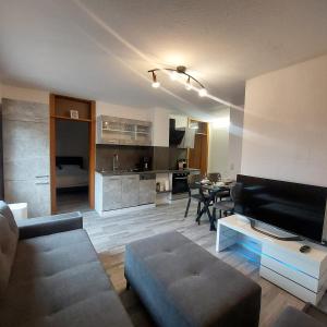 a living room with a couch and a tv and a table at Ruheoase im Südschwarzwald in Albbruck