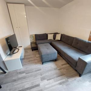 a living room with a couch and a tv at Ruheoase im Südschwarzwald in Albbruck