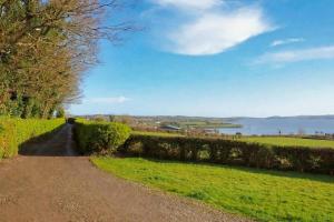 a dirt road next to a field and a body of water at Shannonview Country House in Labasheeda