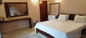 a bedroom with a bed with a mirror and a sink at Voyager's Villa in Habarana +39 photos