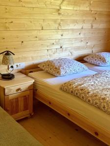 two twin beds in a room with a wooden wall at Chata RAIKA in Čierny Potok