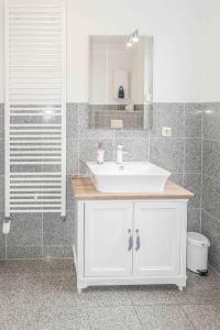 a bathroom with a white sink and a shower at Ferienhaus Ostsee in Pruchten +58 photos