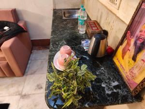 a black counter top with a plant on it at Shri Rang Ji Palace in Vrindāvan