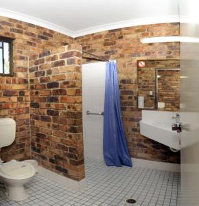 a bathroom with a toilet a sink and a shower at Annalee Motel Beaudesert in Beaudesert