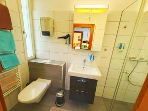 a small bathroom with a sink and a toilet at Apartment Haus Braumandl in Bad Ischl +42 photos