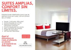 a poster for a hotel room with a bed and a tv at Richmond Suites Hotel in Bogotá
