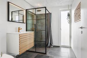 a bathroom with a shower and a sink and a mirror at SB128-Krusa-Hyldemose-23 in Skovbyballe +19 photos